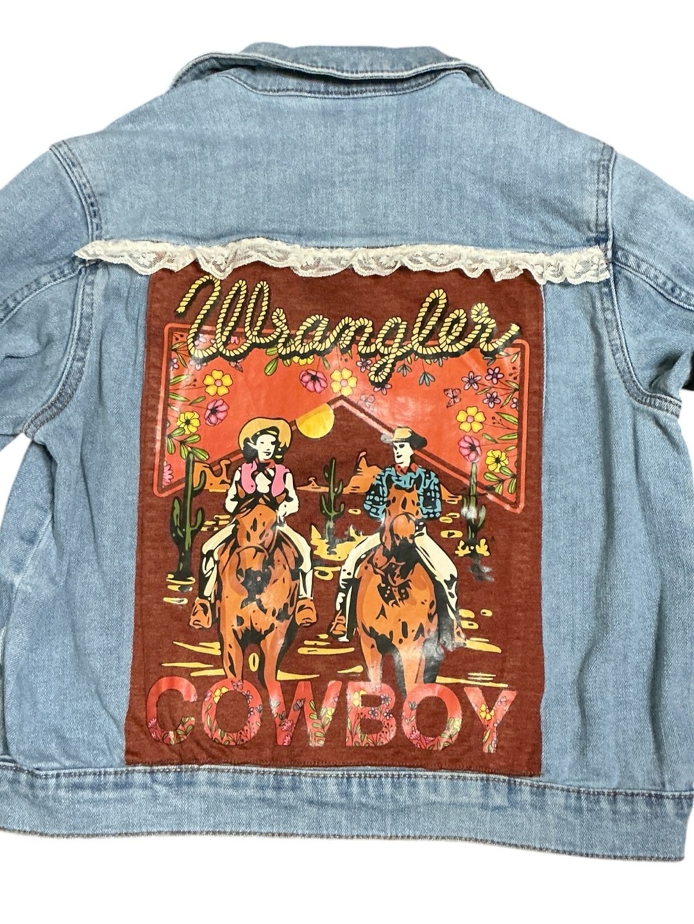 Western Horse Theme Upcycled Denim Jacket Vintage Lace Cowgirl Rodeo